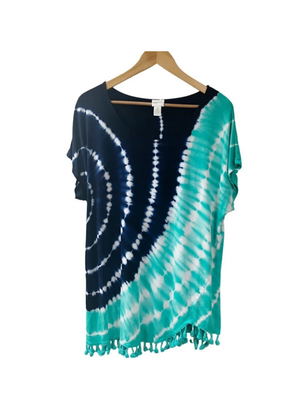 CHICO'S Zenergy Tie Dye Green Navy Tassel Tunic Top LARGE 2 Beach Cover-up